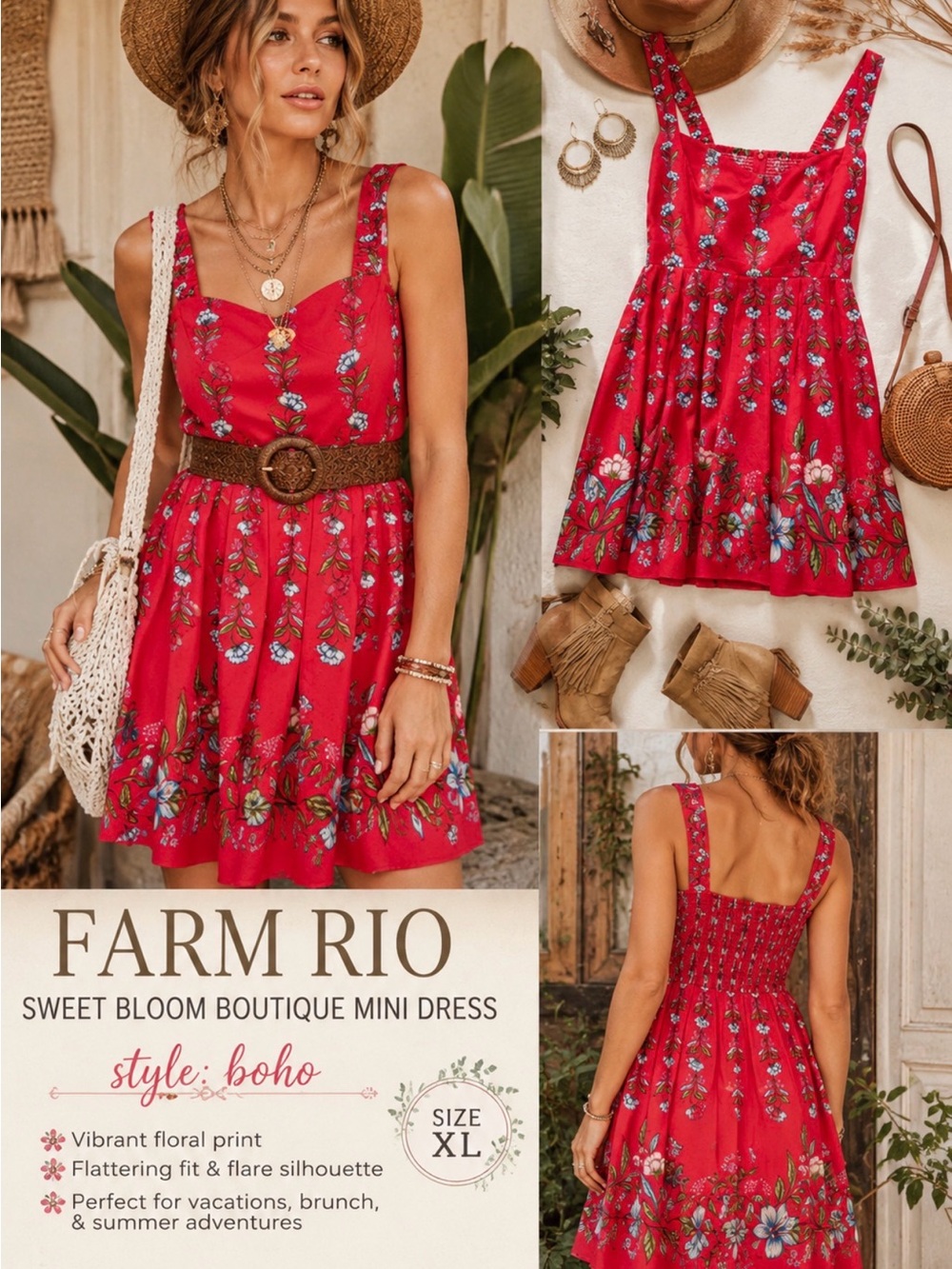 FARM Rio Red Floral Boho Mini Dress